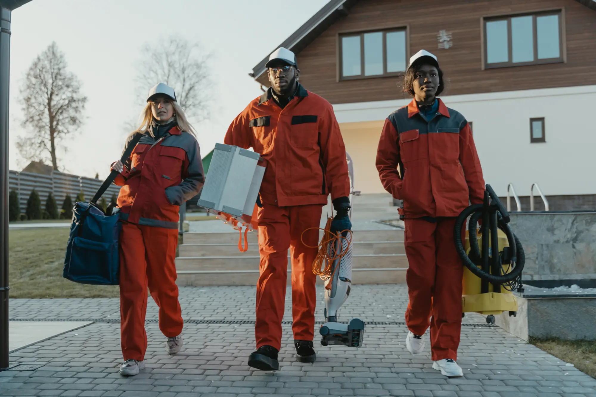 Three cleaning professionals carrying cleaning equipment and supplies ready for cleaning services and house cleaning